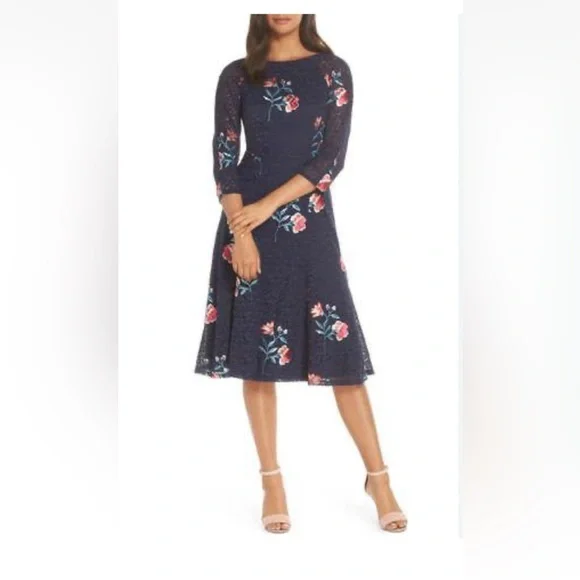 Eliza J | Dresses | Eliza J Navy Floral Embroidered Lace Fit And Flare Dress  Size 8 | Poshmark
